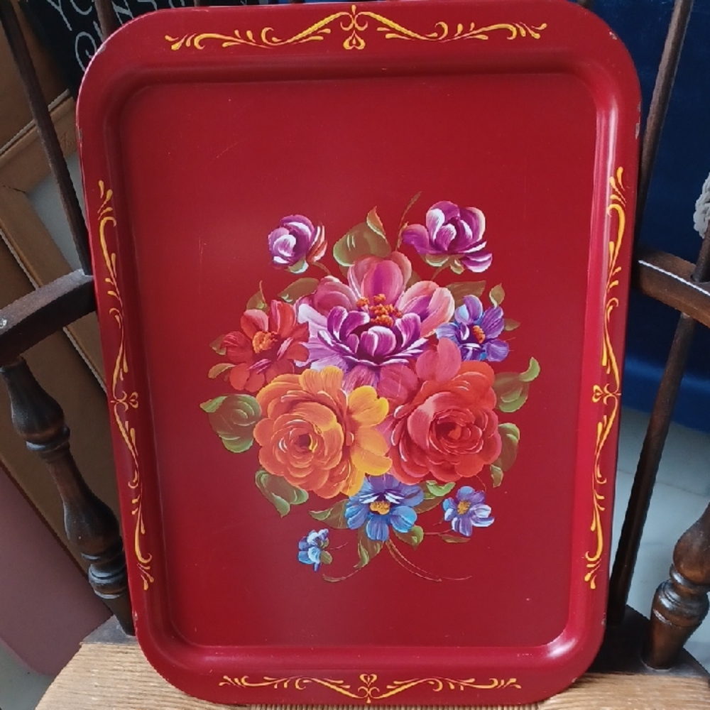 RARE Vintage 50s Floral Red Decorative Serving Cocktail Tray